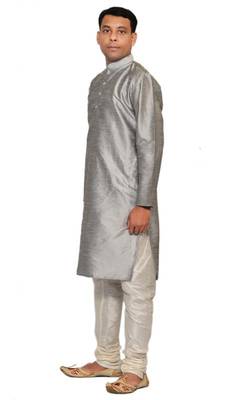 Grey Silk Ethnic Indian Traditional Mens Festive Wear Kurta Pyjama 2