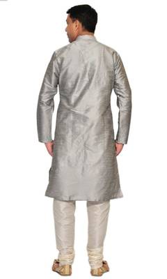 Grey Silk Ethnic Indian Traditional Mens Festive Wear Kurta Pyjama 3
