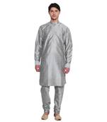 Grey Silk Ethnic Indian Traditional Mens Festive Wear Kurta Pyjama