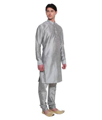 Grey Silk Ethnic Indian Traditional Mens Festive Wear Kurta Pyjama 2