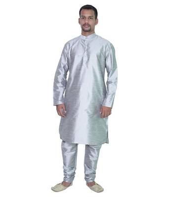 Silver Silk Ethnic Indian Traditional Mens Festive Wear Kurta Pyjama 1