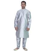 Silver Silk Ethnic Indian Traditional Mens Festive Wear Kurta Pyjama