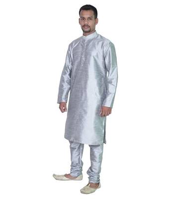 Silver Silk Ethnic Indian Traditional Mens Festive Wear Kurta Pyjama 2