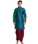 Green Silk Ethnic Indian Traditional Mens Festive Wear Dhoti Kurta