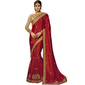 Dark red embroidered chiffon saree with blouse 1