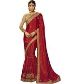 Dark red embroidered chiffon saree with blouse