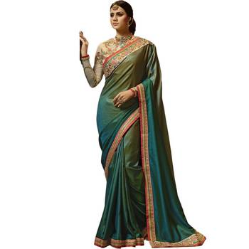 Teal Embroidered Silk Saree With Blouse 1