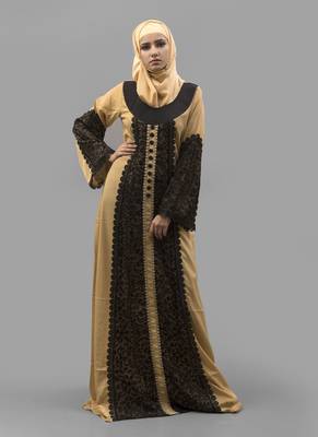 Multicolor Lace Work Crepe , Brasso Fabric Islamic Maxi Arabian Style Casual Daily Wear Abaya With Hijab 1