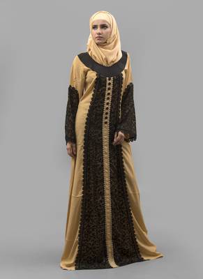 Multicolor Lace Work Crepe , Brasso Fabric Islamic Maxi Arabian Style Casual Daily Wear Abaya With Hijab 2