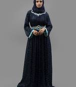 Blue Thread Work Crepe , Brasso Fabric Islamic Maxi Arabian Style Casual Daily Wear Abaya With Hijab