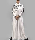 White Thread Work Crepe , Net Fabric Islamic Maxi Arabian Style Casual Daily Wear Abaya With Hijab