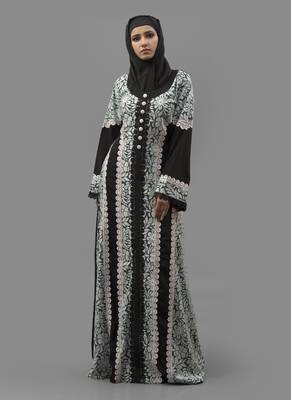 Multicolor Lace Work Crepe , Brasso Fabric Islamic Maxi Arabian Style Casual Daily Wear Abaya With Hijab 2