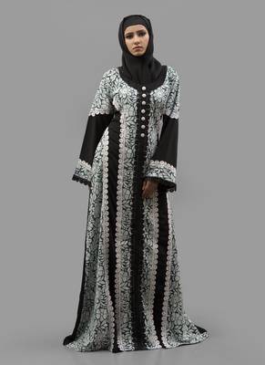 Multicolor Lace Work Crepe , Brasso Fabric Islamic Maxi Arabian Style Casual Daily Wear Abaya With Hijab 3