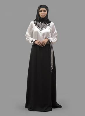 Multicolor Thread Work Silk, Creap, Satin Fabric Islamic Maxi Arabian Style Casual Daily Wear Abaya With Hijab 1