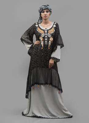Multicolor Thread Work Crepe , Brasso , Net Fabric Islamic Maxi Arabian Style Casual Daily Wear Abaya With Hijab 1