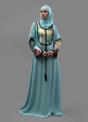 Blue Lace Work Digital Print , Creap Fabric Islamic Maxi Arabian Style Casual Daily Wear Abaya With Hijab 1