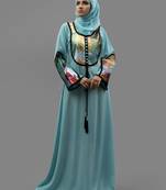 Blue Lace Work Digital Print , Creap Fabric Islamic Maxi Arabian Style Casual Daily Wear Abaya With Hijab