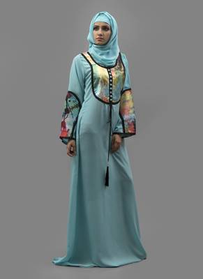 Blue Lace Work Digital Print , Creap Fabric Islamic Maxi Arabian Style Casual Daily Wear Abaya With Hijab 2