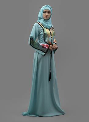 Blue Lace Work Digital Print , Creap Fabric Islamic Maxi Arabian Style Casual Daily Wear Abaya With Hijab 3