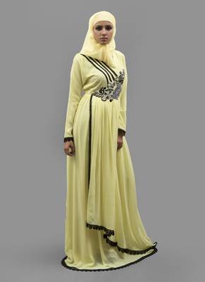 Yellow Thread Work Crepe , Georgette Fabric Islamic Maxi Arabian Style Casual Daily Wear Abaya With Hijab 2