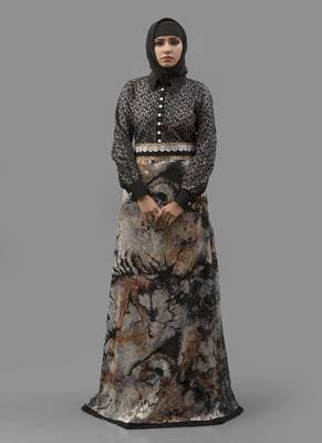 Multicolor Lace Digital Print , Creap, Brasso Fabric Islamic Maxi Arabian Style Casual Daily Wear Abaya With Hijab 1