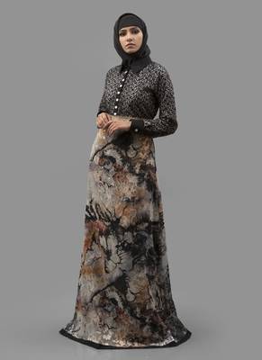 Multicolor Lace Digital Print , Creap, Brasso Fabric Islamic Maxi Arabian Style Casual Daily Wear Abaya With Hijab 2