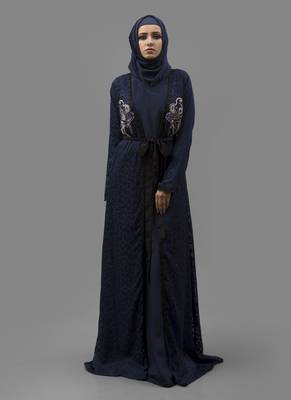 Blue Thread Work Crepe , Brasso Fabric Islamic Maxi Arabian Style Casual Daily Wear Abaya With Hijab 1