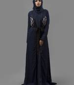 Blue Thread Work Crepe , Brasso Fabric Islamic Maxi Arabian Style Casual Daily Wear Abaya With Hijab
