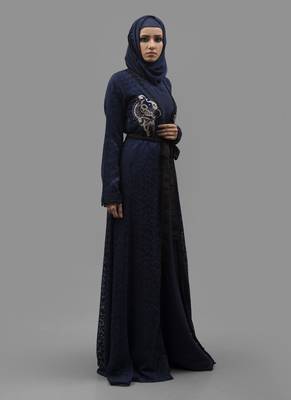 Blue Thread Work Crepe , Brasso Fabric Islamic Maxi Arabian Style Casual Daily Wear Abaya With Hijab 2