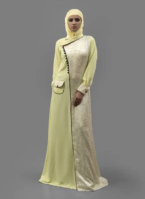 Yellow  Crepe , Georgette, Brasso Fabric Islamic Maxi Arabian Style Casual Daily Wear Abaya With Hijab 1