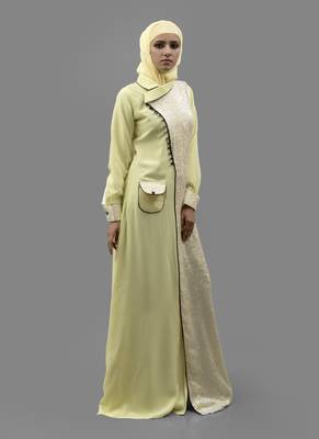 Yellow  Crepe , Georgette, Brasso Fabric Islamic Maxi Arabian Style Casual Daily Wear Abaya With Hijab 2
