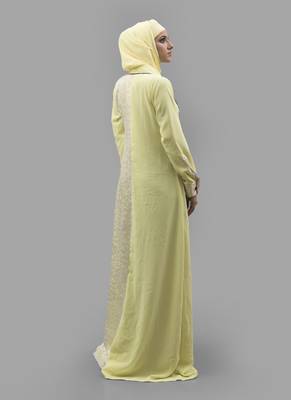 Yellow  Crepe , Georgette, Brasso Fabric Islamic Maxi Arabian Style Casual Daily Wear Abaya With Hijab 3