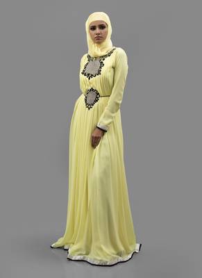 Yellow Thread Work Crepe , Georgette Fabric Islamic Maxi Arabian Style Casual Daily Wear Abaya With Hijab 1