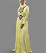 Yellow Thread Work Crepe , Georgette Fabric Islamic Maxi Arabian Style Casual Daily Wear Abaya With Hijab