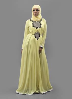 Yellow Thread Work Crepe , Georgette Fabric Islamic Maxi Arabian Style Casual Daily Wear Abaya With Hijab 2