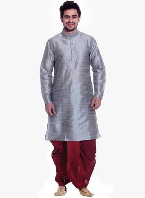 Gray Silk Ethnic Indian Traditional Mens Festive Wear Dhoti Kurta 1
