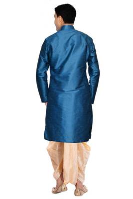 Blue Silk Ethnic Indian Traditional Mens Festive Wear Dhoti Kurta 3
