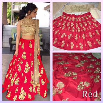 Red Embroidered Taffeta silk semi stitched lehenga 2