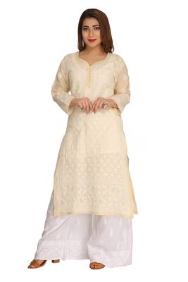 Ada Hand Embroidered Beige Cotton Chikankari Kurti 1