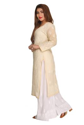 Ada Hand Embroidered Beige Cotton Chikankari Kurti 3