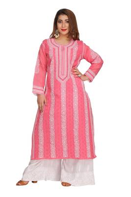 Ada Hand Embroidered Pink  Cotton Chikankari Kurti 1
