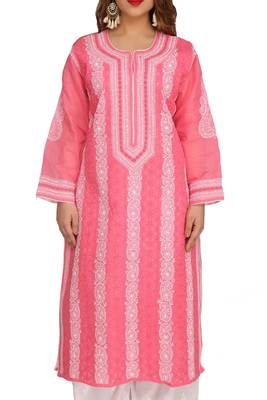 Ada Hand Embroidered Pink  Cotton Chikankari Kurti 4