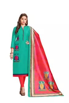Turquoise embroidered chanderi salwar with dupatta