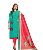 Turquoise embroidered chanderi salwar with dupatta