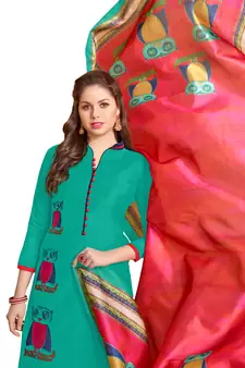Turquoise embroidered chanderi salwar with dupatta