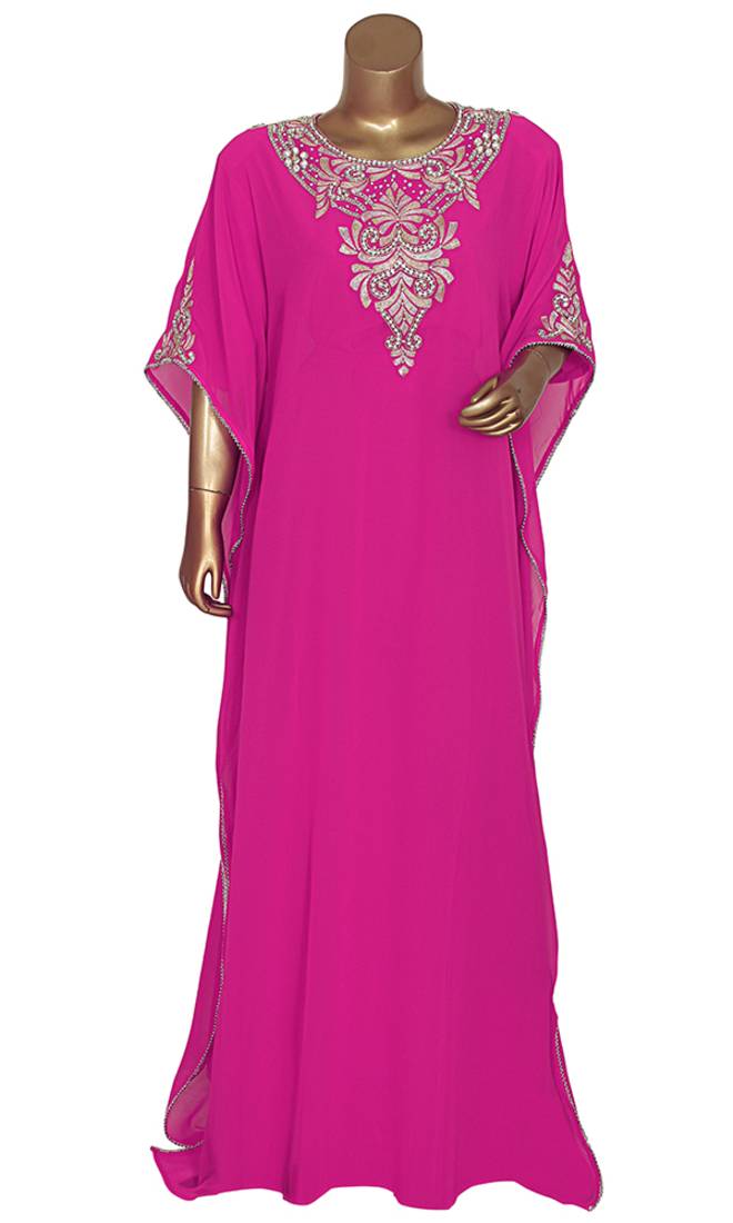 Fuchsia Pink Embroidered Georgette Islamic Style Arabian Gown Festive Party Wear Round Neck Kaftan