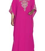 Fuchsia Pink Embroidered Georgette Islamic Style Arabian Gown Festive Party Wear Round Neck Kaftan