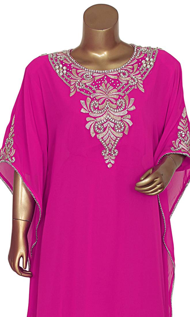 Fuchsia Pink Embroidered Georgette Islamic Style Arabian Gown Festive Party Wear Round Neck Kaftan