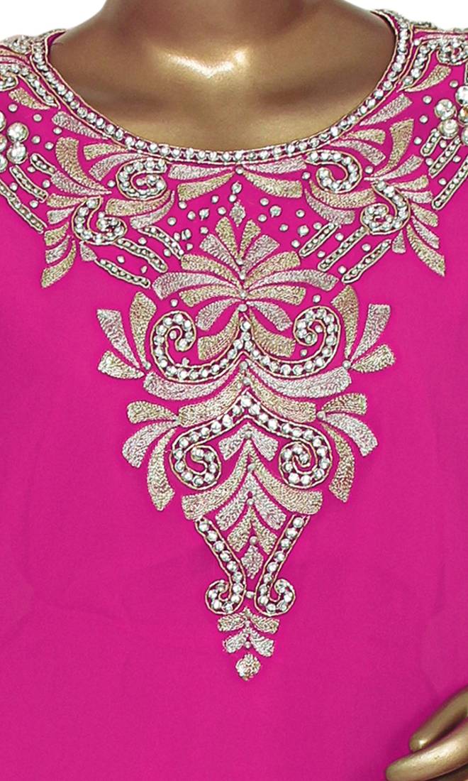 Fuchsia Pink Embroidered Georgette Islamic Style Arabian Gown Festive Party Wear Round Neck Kaftan