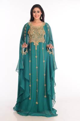 Teal Zari Work Stones & Beads Embellish Georgette  Islamic Style Arabian Maxi Partywear Kaftan 2